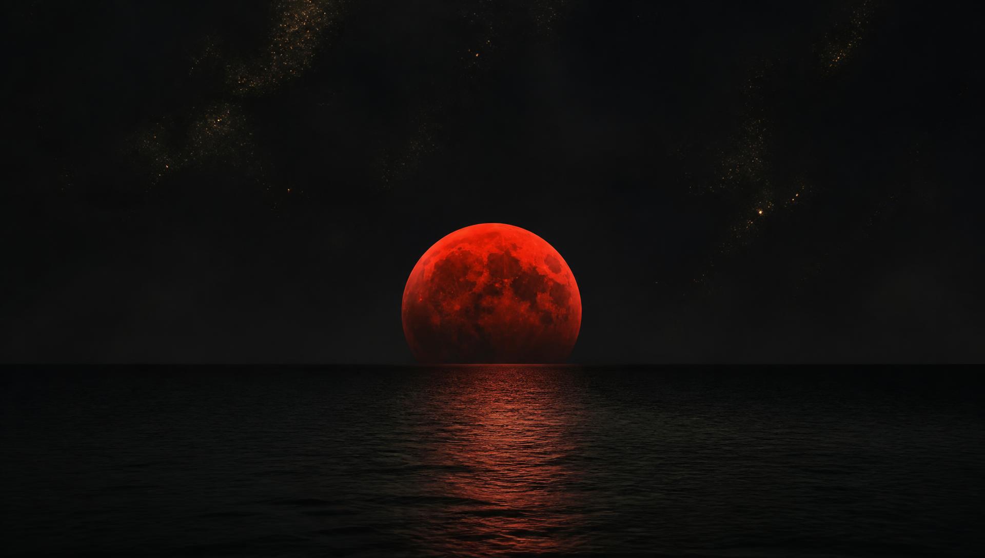 A crimson full moon rising over a black sea
